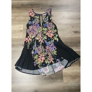 Free People Swing Dress Medium Black Purple Pink Green Blue Floral V Neck Dress